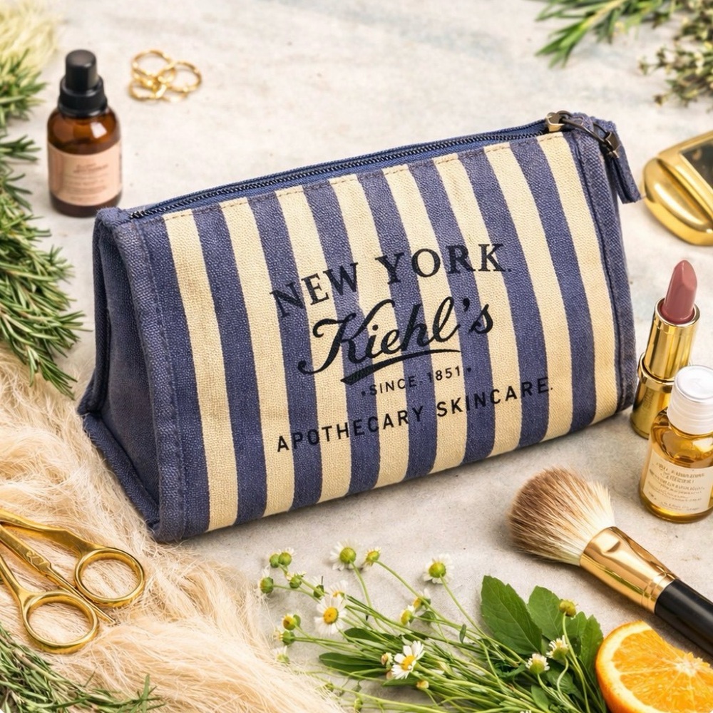 Kiehl’s NY Herbs Apothecary Canvas Striped Cosmetic Pouch | Botanical Lining